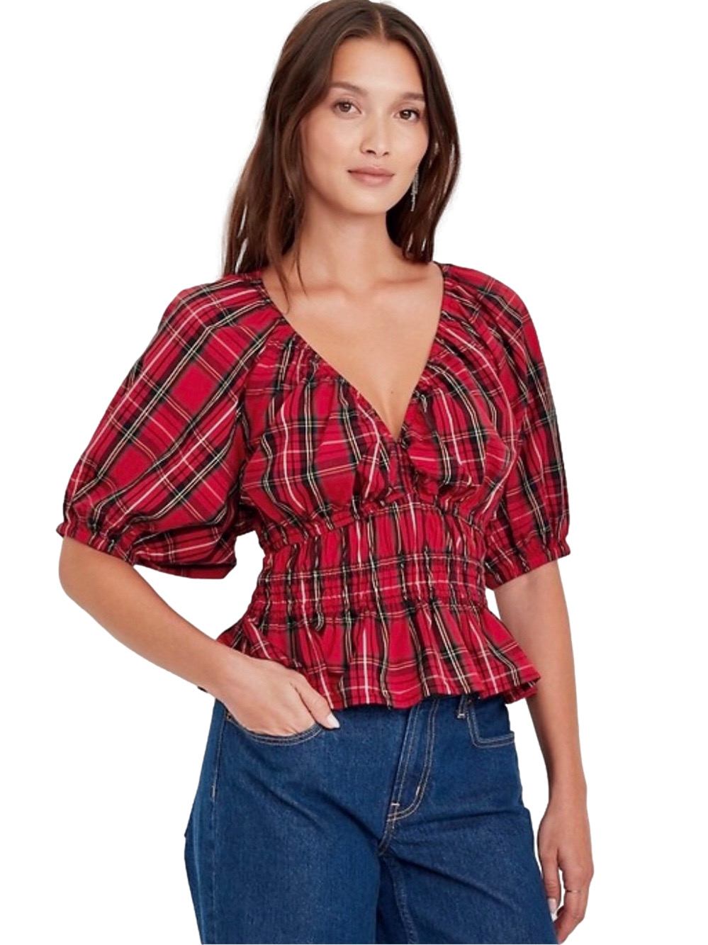Old Navy red plaid smocked blouse